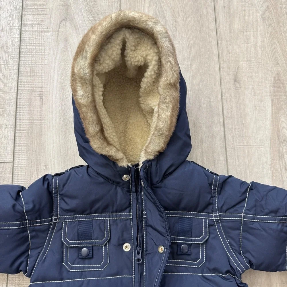 BabyGap Puffer Snowsuit Baby 6-12 Months Navy Blue Faux Fur Hood Down Fill